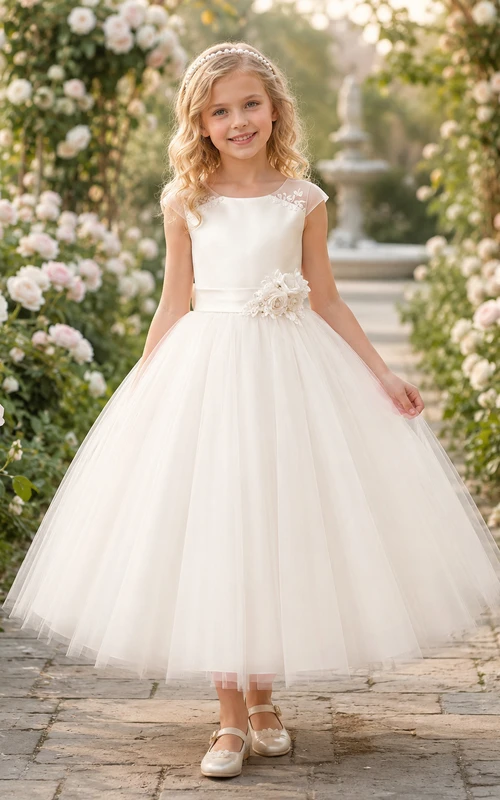 Blumenmädchenkleid aus champagnerfarbenem Tüll, A-Linie, Rundhalsausschnitt, Teelänge, Schleife am Rücken