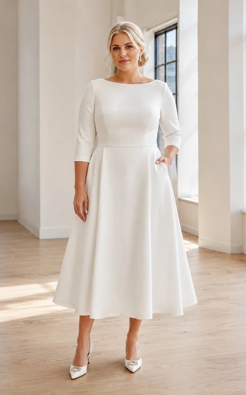 Schlichtes Brautkleid in Übergröße aus Satin mit U-Boot-Ausschnitt, Dreiviertelärmeln, Taschen und A-Linien-Schnitt in Teelänge
