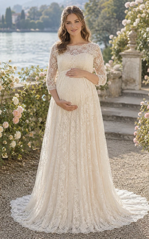 Vestido de novia de maternidad de manga larga con encaje y escote barco estilo imperio