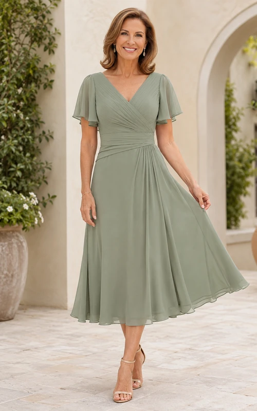 Elegantes, plissiertes Chiffonkleid mit V-Ausschnitt, flatternden Ärmeln und hellgrünem Hintergrund – perfekt für die Teemutter