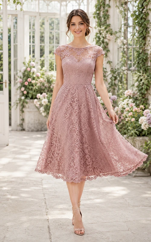 Dusty Rose Bateau Lace Tea Length Cocktail Dress