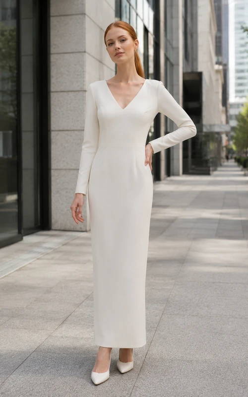 Courthouse Minimalist V-Neck Long Sleeve Sheath Wedding Dress