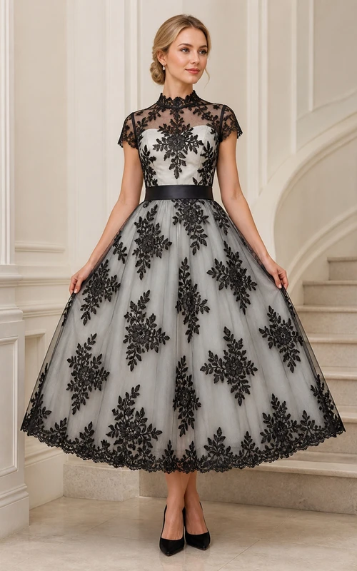 Schwarzes, elegantes Vintage-Gästekleid in Teelänge, A-Linie, mit hohem Kragen und Spitze