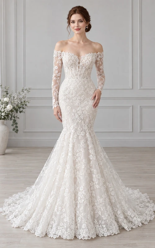 Vestido de novia romántico ajustado a la cadera, manga larga, hombros descubiertos, estilo sirena, encaje floral, largo hasta el suelo