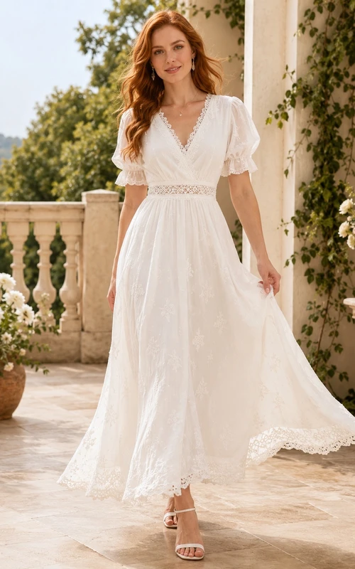 Weißes, romantisches A-Linien-Abendkleid aus Chiffon mit Puffärmeln und Spitze