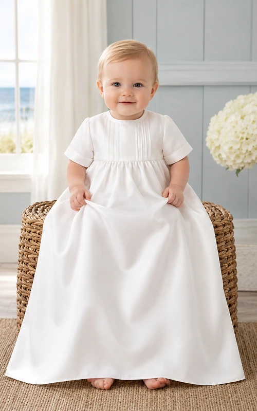 Simple Matte Satin Baby Baptism A-Line Short Sleeve Floor-Length Gown