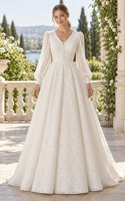 Long Poet Sleeve V-neck Button Lace A-Line Wedding Dress