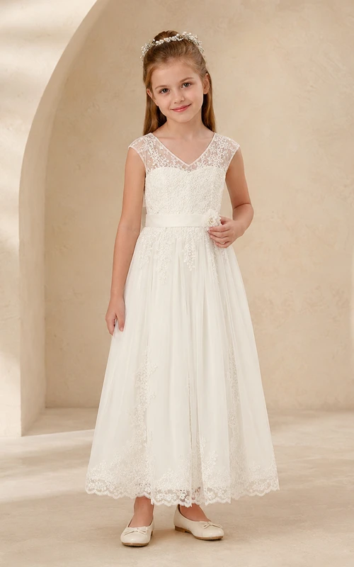 Robe de première communion petite taille, col V, dentelle, sans manches, longueur cheville, robe de première communion.