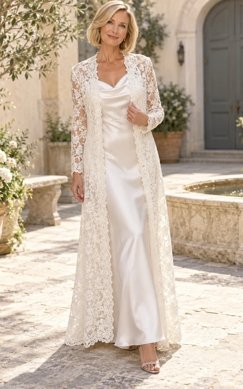 Vestido elegante de satén con cuello drapeado y mangas largas, estilo tubo, para segunda boda.