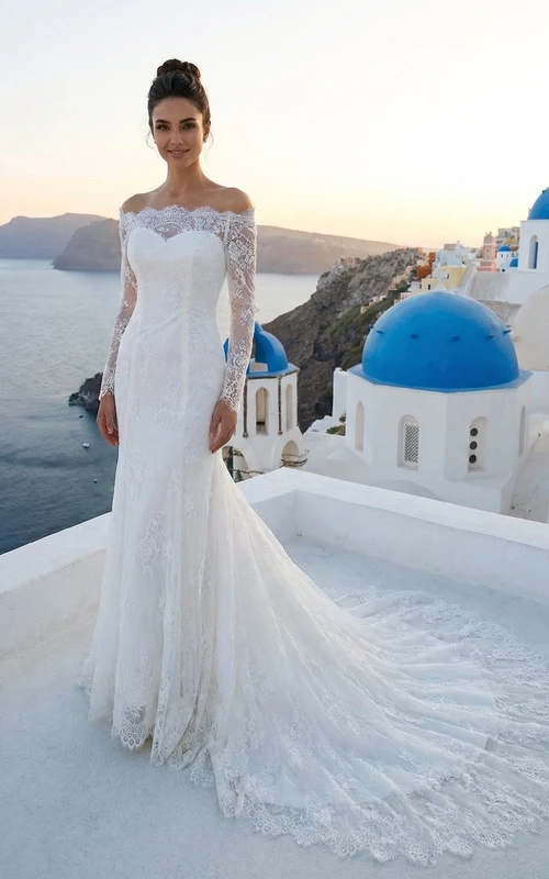 Robe sirène en dentelle à manches longues et épaules dénudées