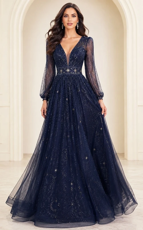 Ink Navy Romantic Elegant V-Neck Long-Sleeve Tulle-Lace A-Line Floor-Length Evening Dress