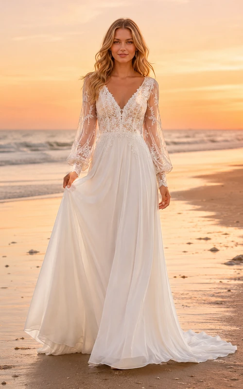 Beach Boho V-Neck Long Lace Sleeve A-Line Wedding Dress
