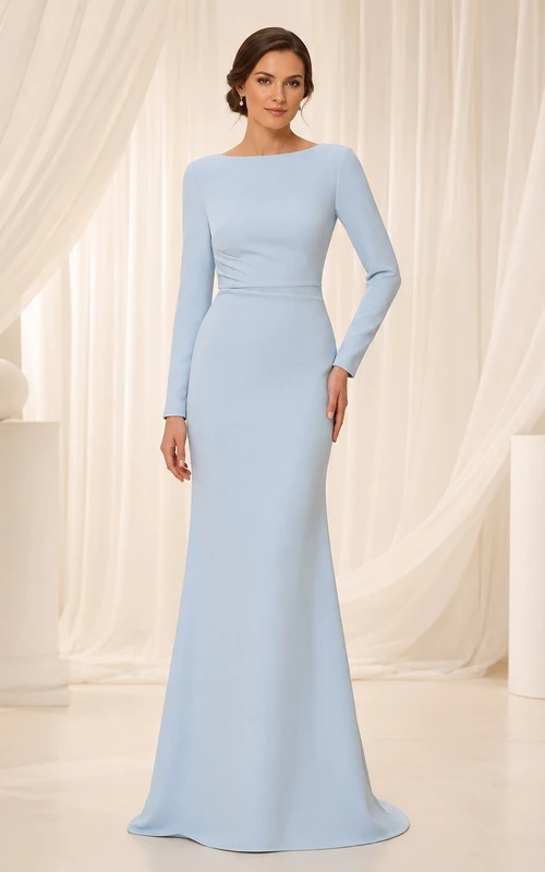 Modest Sky Blue Bateau Long Sleeve Crepe Mermaid Floor-Length Formal Gown
