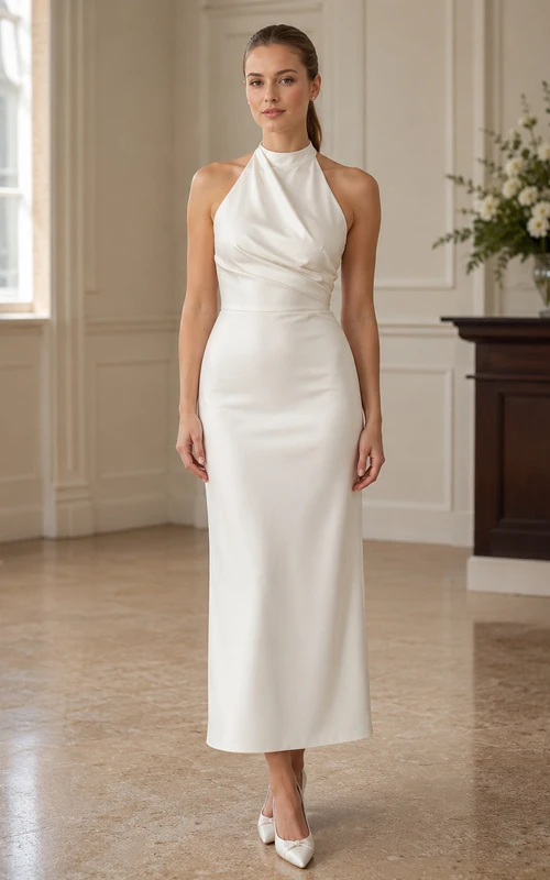 Minimalist Satin Wedding Dress Sheath Halter Sleeveless Knee Length Open Back Bridal Gown