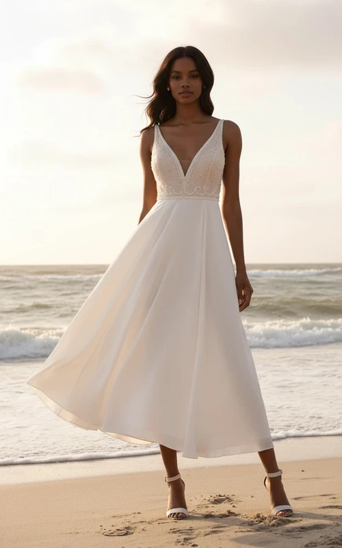 Vestido de novia de largo midi con corpiño adornado con cuentas, escote en V, gasa, corte en A, ideal para bodas en la playa.