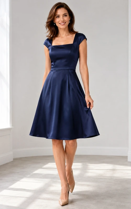 Dark Navy Square Neck Cap Sleeve Satin A-Line Knee-Length Elegant Cocktail Dress