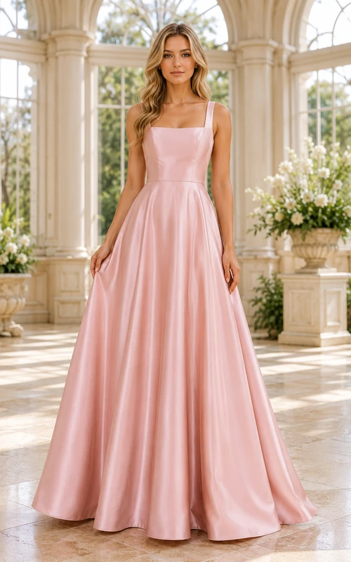 Vestido de dama de honor de satén rosa rubor con escote cuadrado y corte en A, talla grande, con tirantes.