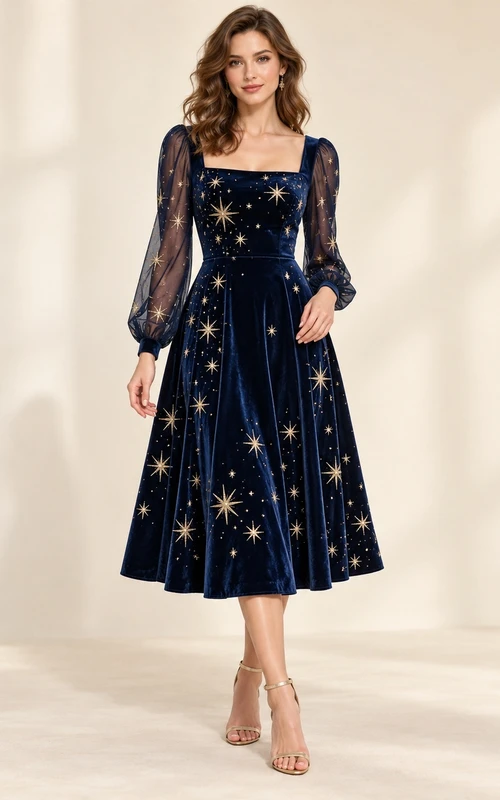 Dark Navy Square Neck Sheer Poet Sleeve Velvet Cocktail Dress
