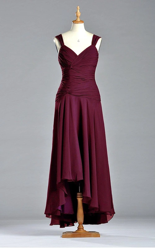 Sleeveless Tea-length Chiffon Dress with V Neckline