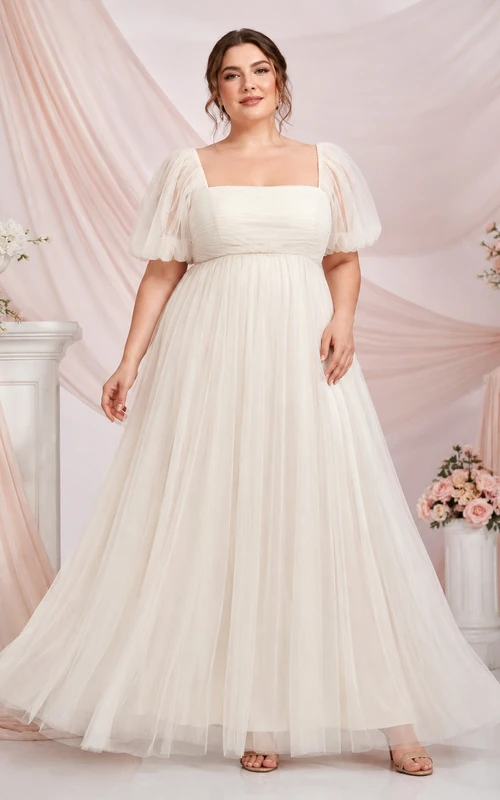 Plus Size Square Neck Puff Sleeve Tulle Wedding Dress