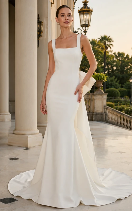 Robe de mariée moderne sirène en satin à col carré et traîne courte, ornée d'un nœud surdimensionné.