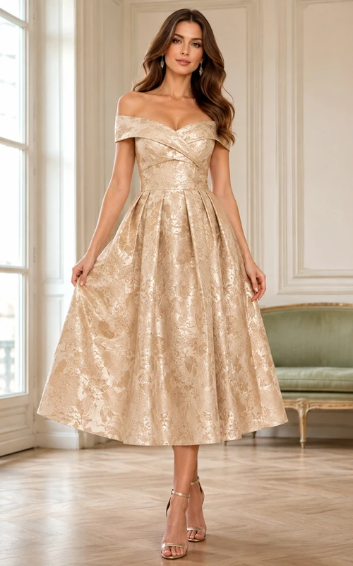 Vestido de invitada Cerimonia Champagne con escote corazón, hombros descubiertos, jacquard tafetán, pliegues, corte en A, largo hasta la rodilla.