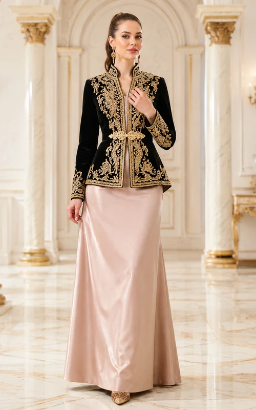 Schwarzes zweiteiliges Karakou-Kleid-Set, bodenlang, hochgeschlossen, goldbestickt