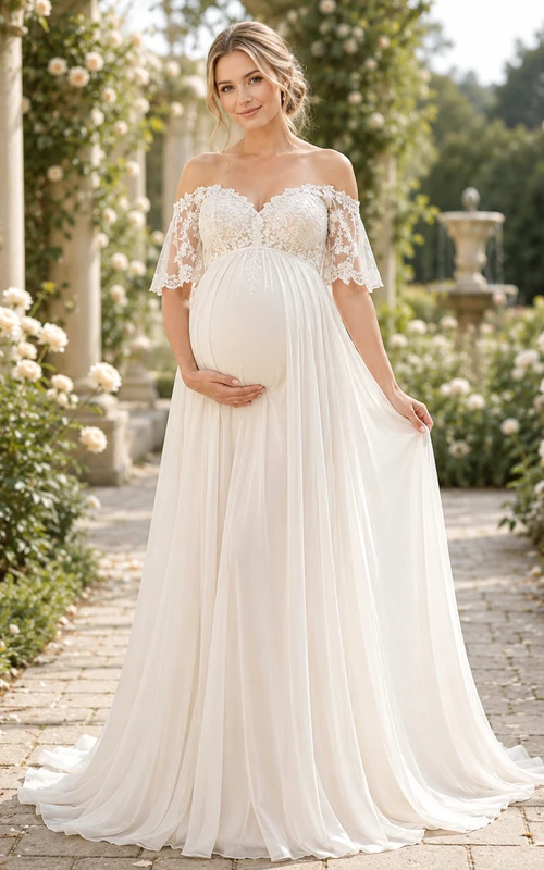 Maternity Wedding Dress Off-the-Shoulder Lace Sleeve A-Line Garden Bridal Gown