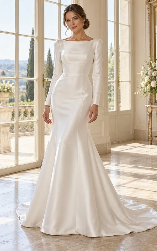 Simple Long Sleeve Bateau Neck Satin Mermaid Bridal Wedding Dress