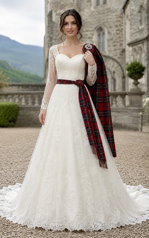 Traditionelles schottisches Highland-Tartan-Brautkleid mit langen Ärmeln, Rundhalsausschnitt, Spitze und A-Linien-Schnitt