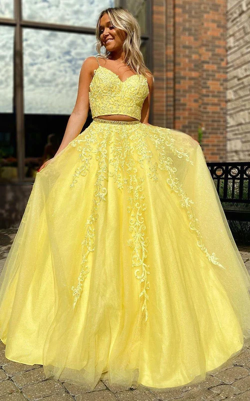 Tüll-Abendkleid, bodenlang, zweiteilig, ärmellos, sexy, mit Rüschen und Perlenstickerei