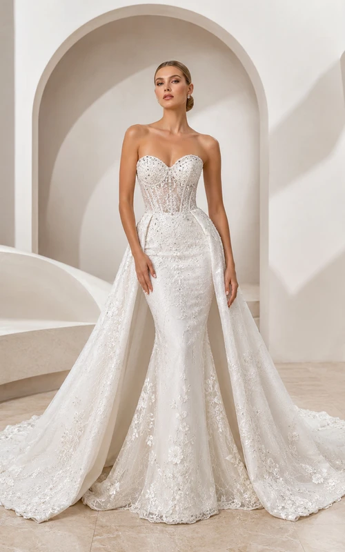 Robe de mariée sirène bustier en dentelle délicate, décolleté cœur et traîne chapelle, style godet, idéale pour un mariage au bord d'un lac.
