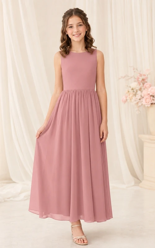 Preiswertes, ärmelloses Chiffon-Brautjungfernkleid in Altrosa mit Strasssteinen, A-Linie und Teelänge