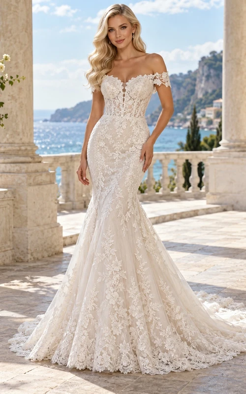 Mermaid Off Shoulder Plunge Sweetheart Lace Bridal Train Wedding Dress