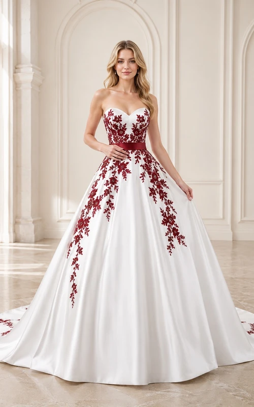 Burgunderfarbenes, elegantes Brautkleid in A-Linie mit herzförmigem Ausschnitt, ärmellos und mit Schleppe