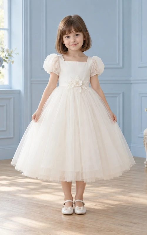 Modest Square Neck Tea-length Ivory Puff Sleeve Floral Tulle Flower Girl Dress