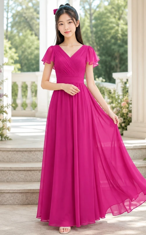 Fuchsiafarbenes Brautjungfernkleid für junge Mädchen, A-Linie, bodenlang, V-Ausschnitt, kurze Ärmel, verspielte Details, romantisch