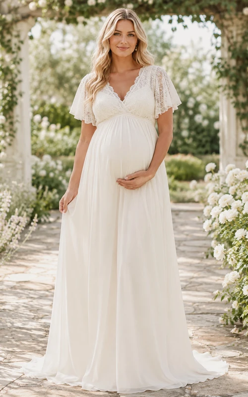 Umstandsbrautkleid mit V-Ausschnitt, flatternden Spitzenärmeln und Gartenbrautkleid