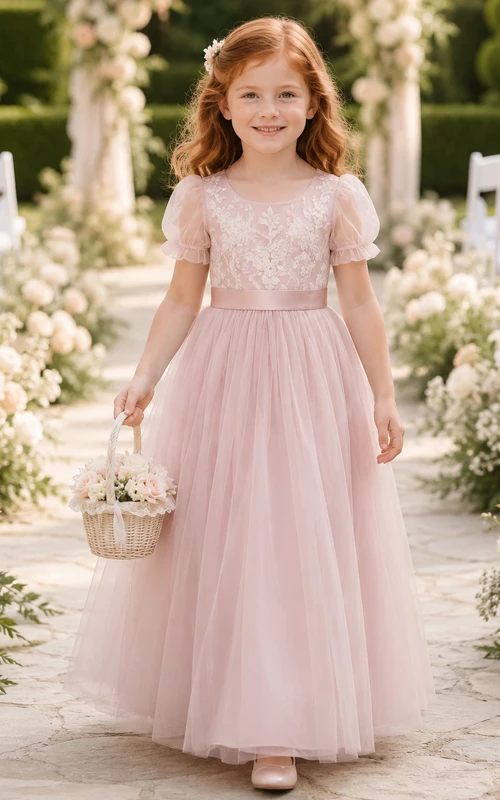 Blumenmädchenkleid aus rosafarbenem Tüll, A-Linie, Rundhalsausschnitt, Teelänge, mit Schärpendetails