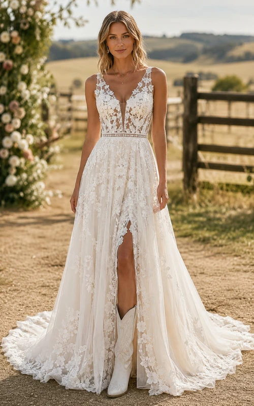 Robe de mariée champêtre en dentelle, coupe trapèze, col V, fente sur le devant et traîne chapelle.