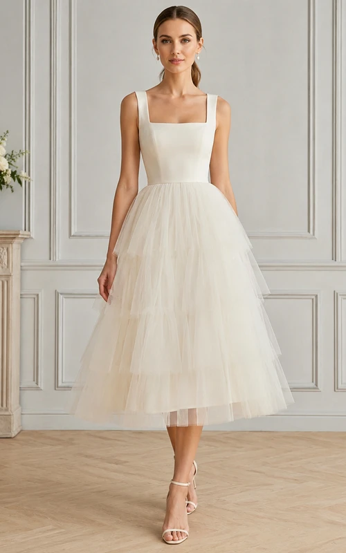 White Square Strap Tiered Tulle A-Line Tea Cocktail Dress Reception