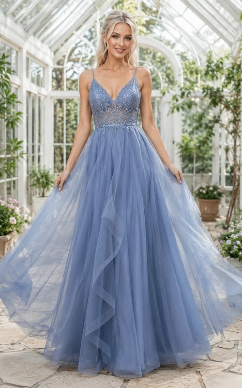 Vestido de gala sin mangas con escote en V y tirantes, de tul azul pizarra