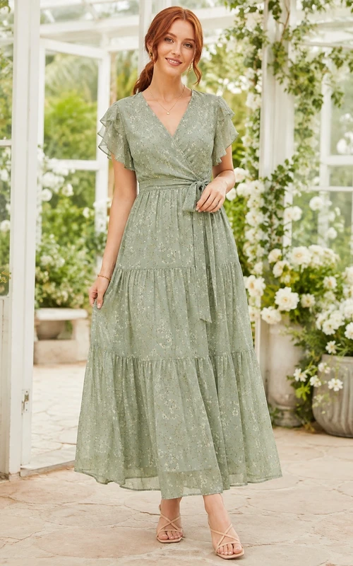 Sage Green Bohemian Tiered Chiffon Petal-Sleeve Garden Guest Dress