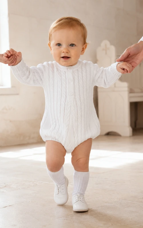 Pelele tradicional de punto trenzado blanco de manga larga para bautizo de niño