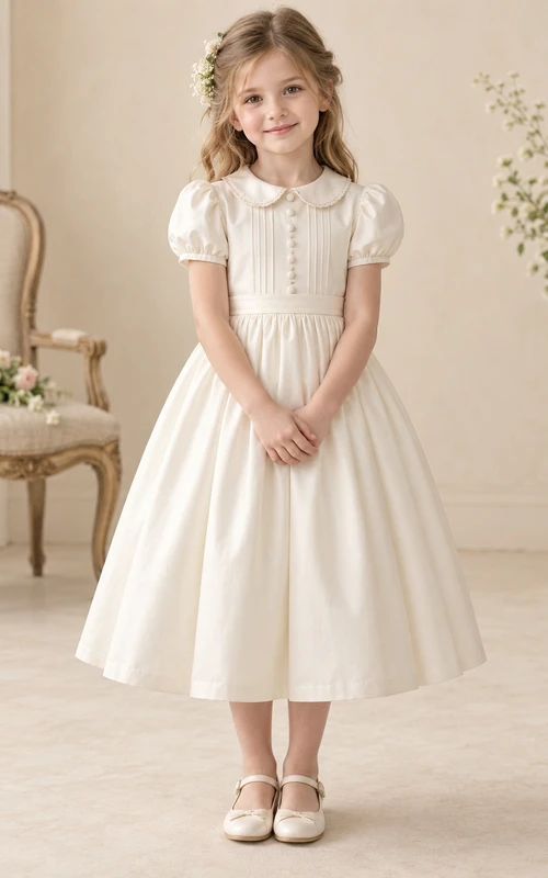 Vestido de niña de flores vintage color marfil, corte en A, satén, mangas abullonadas, pliegues y cierre de botones en la espalda.