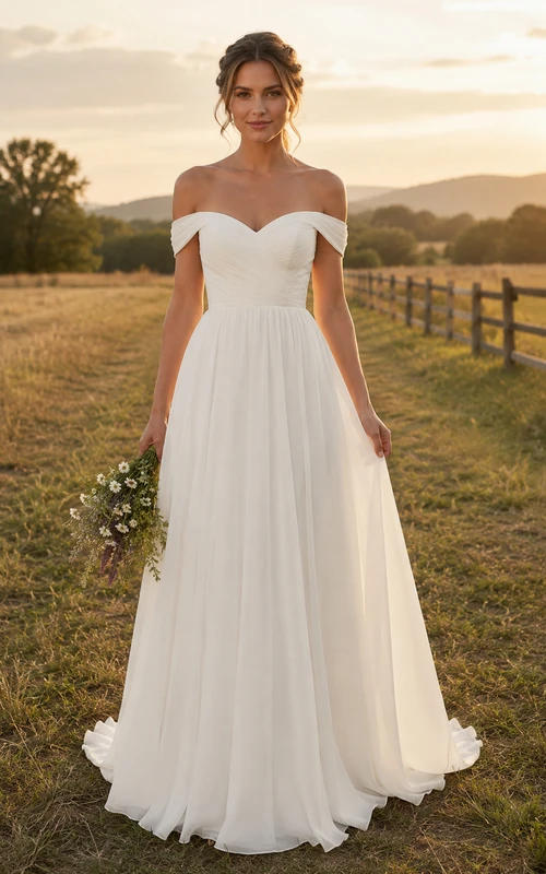 Simple Off Shoulder A-Line Chiffon Country Wedding Dress with Pleated Bodice and Train