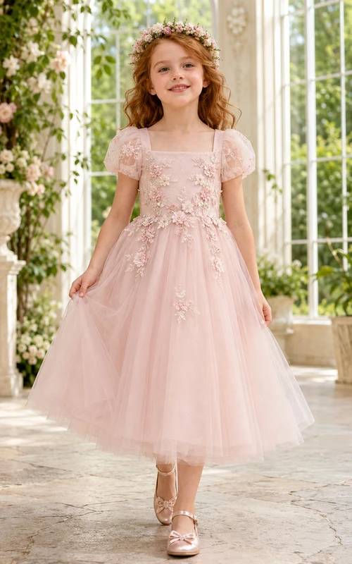 Flower Girl Dress Blush Lace Tulle A-Line Short Sleeve Jewel Neck Tea Length Applique
