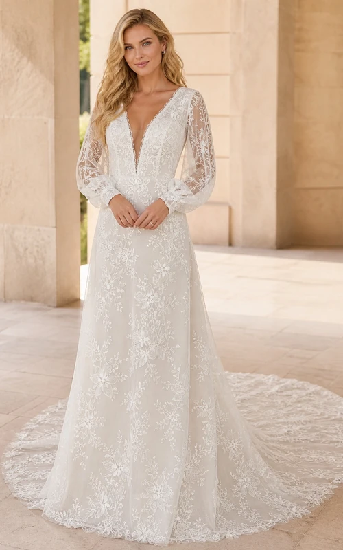 Vestido de novia de lujo con brillo floral, corte en A, escote en V, manga larga y largo hasta el suelo