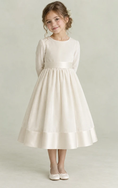 Schlichtes, langärmeliges, elfenbeinfarbenes, wadenlanges Blumenmädchenkleid mit breiter Taille und Satinsaum