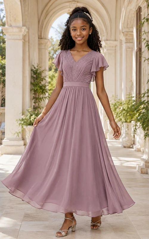 Vintage mauvefarbenes Chiffonkleid mit Glockenärmeln, V-Ausschnitt, A-Linie und bodenlanger Passform für junge Brautjungfern